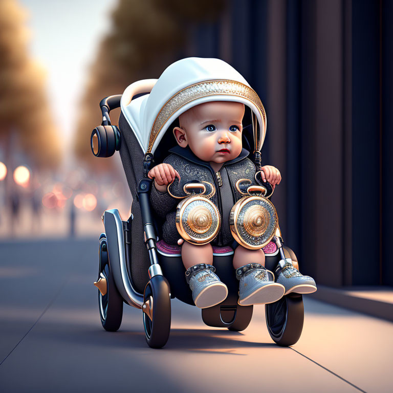 Baby in stylized stroller with gold speakers, white hat and sneakers, on city street background.