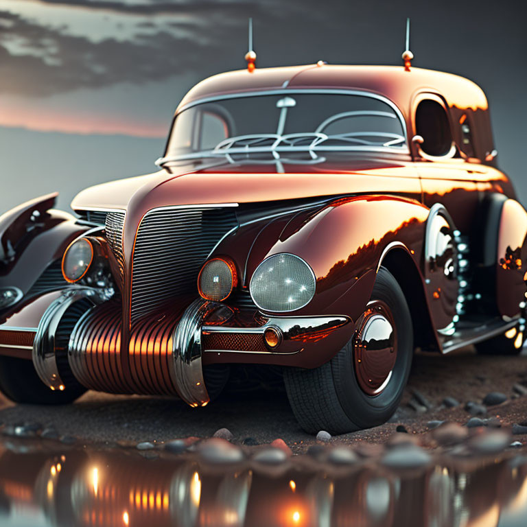 Vintage Red Car with Chrome Details Parked on Stony Surface at Sunset