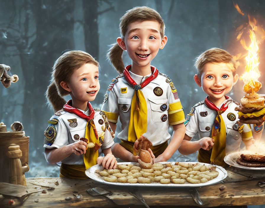 Animated children in scout uniforms preparing food in a forest setting.