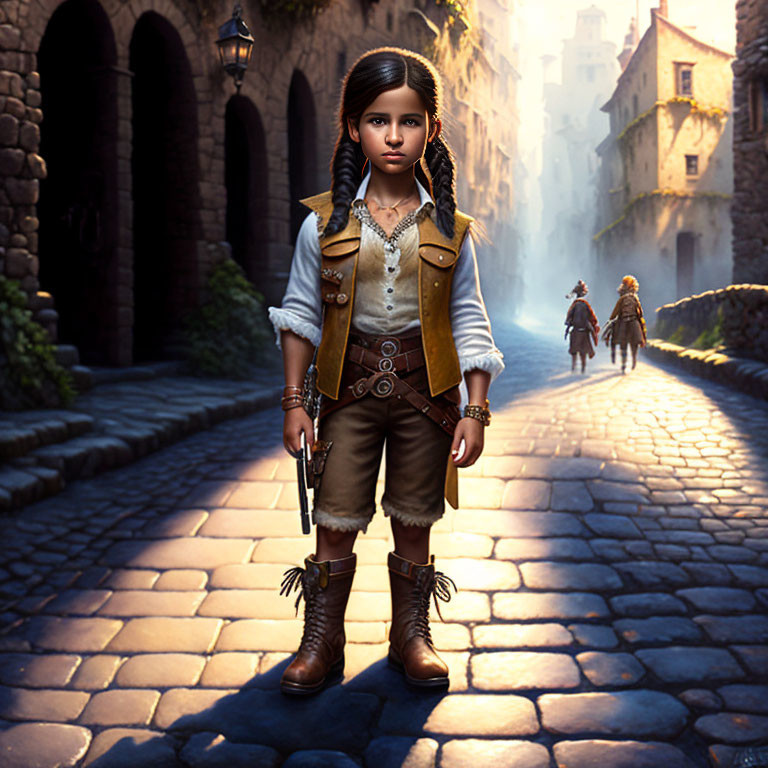 Animated young girl in medieval attire on cobblestone street