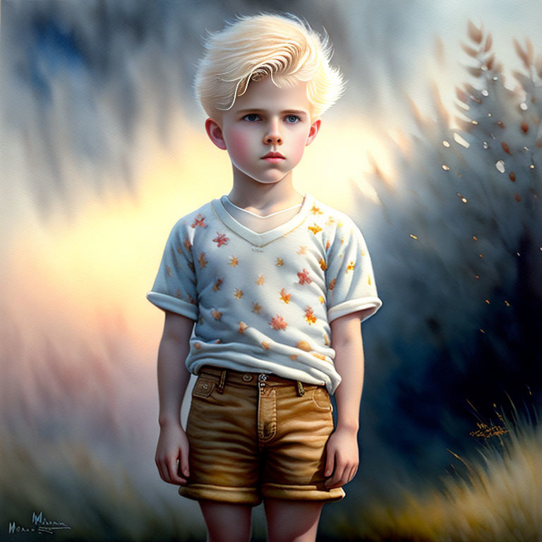 Young boy in white shirt with star patterns standing in field.