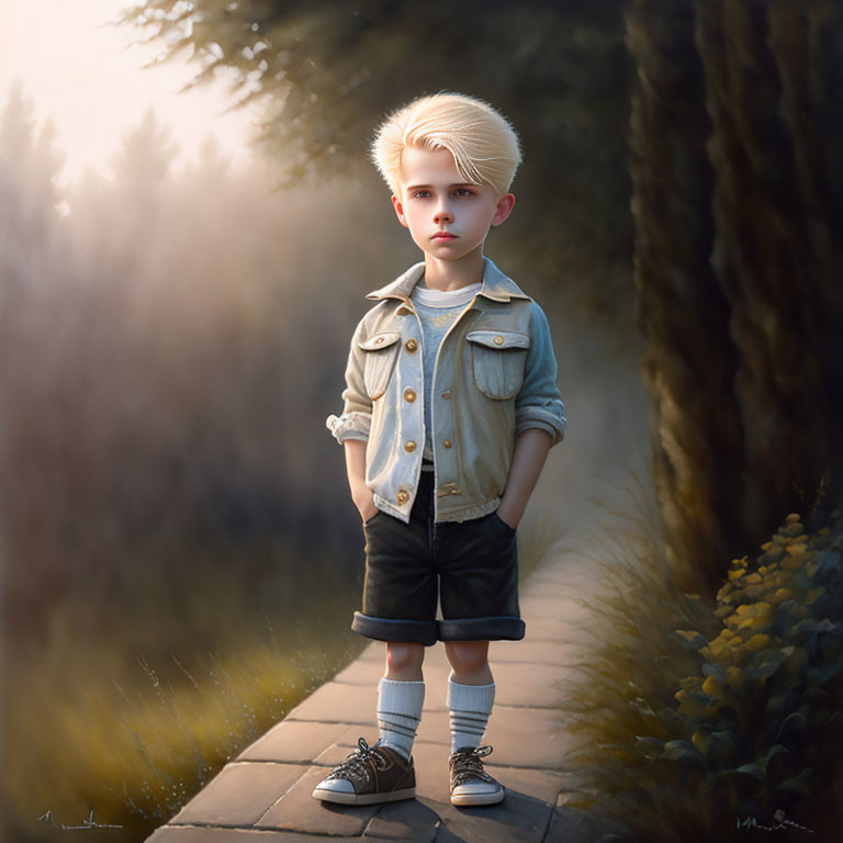 Blond-Haired Child by Tranquil River in Forest