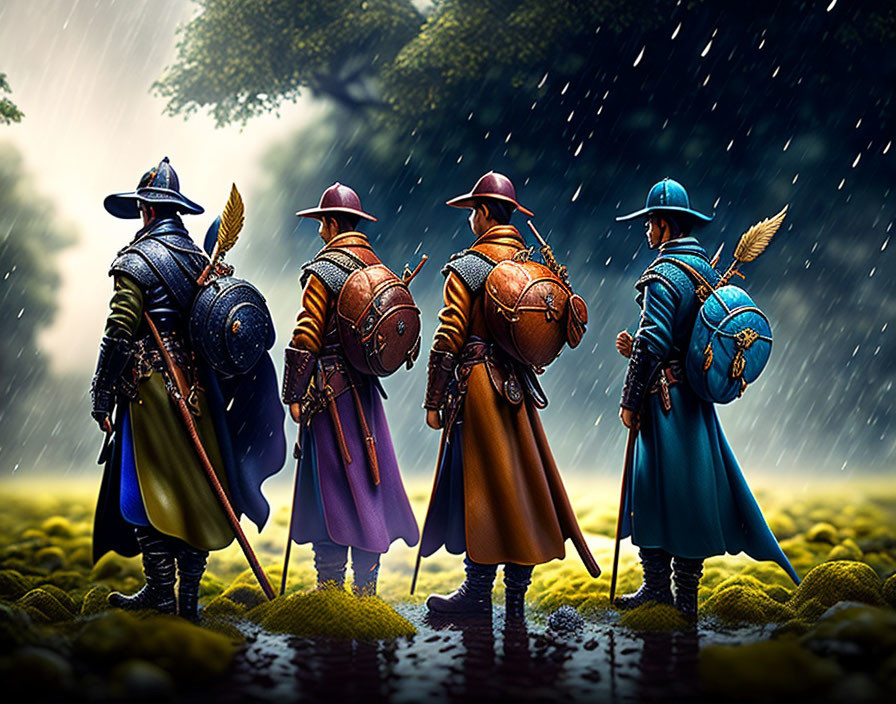 Medieval-themed image of four adventurers in rain shower with cloaks and weaponry