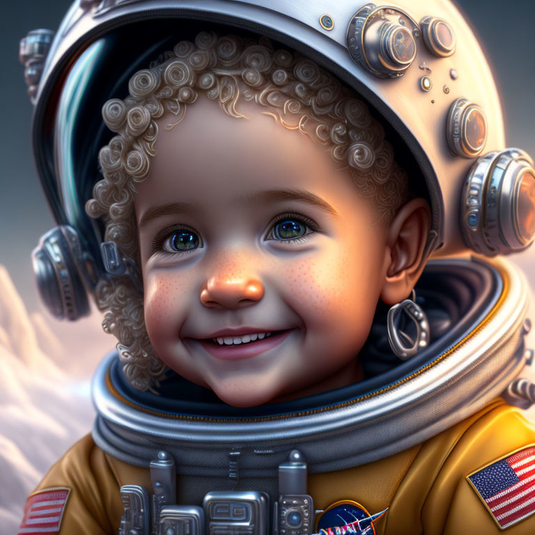 Young child in detailed astronaut suit with USA flags and futuristic design.