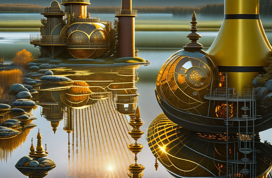 Golden futuristic train with spherical carriages by calm lake at twilight