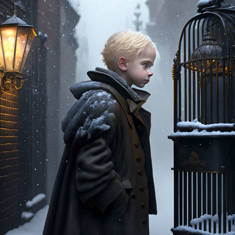 Blond-haired boy in dark coat by street lamp and birdcage in snowfall