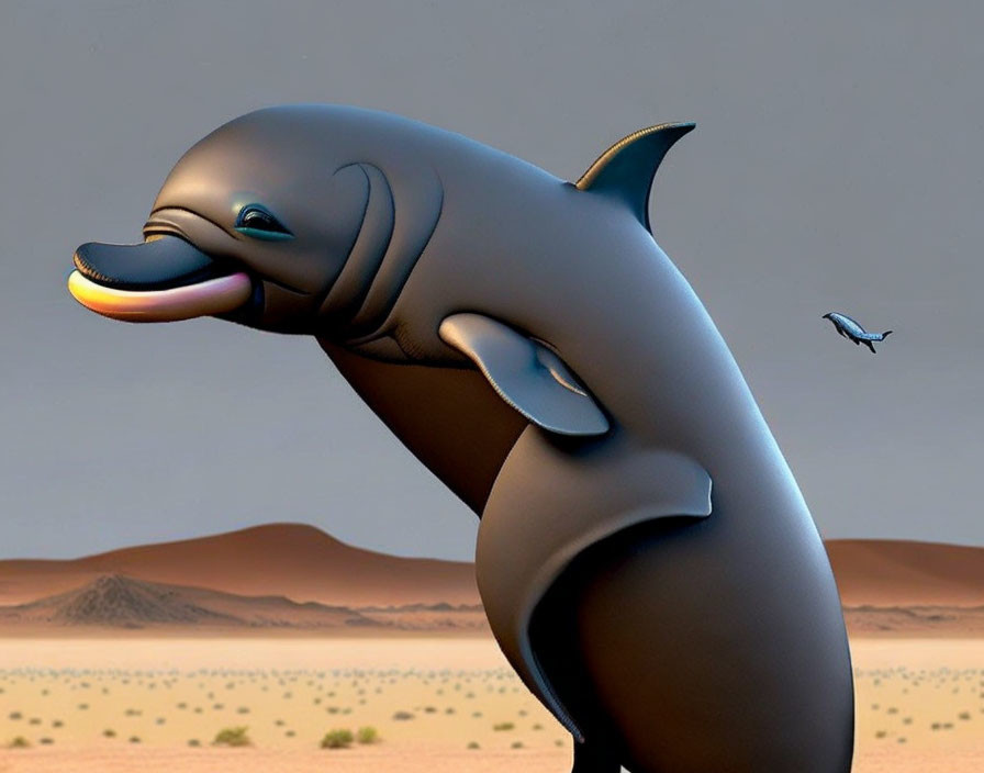 Smiling dolphin in desert with bird illustration