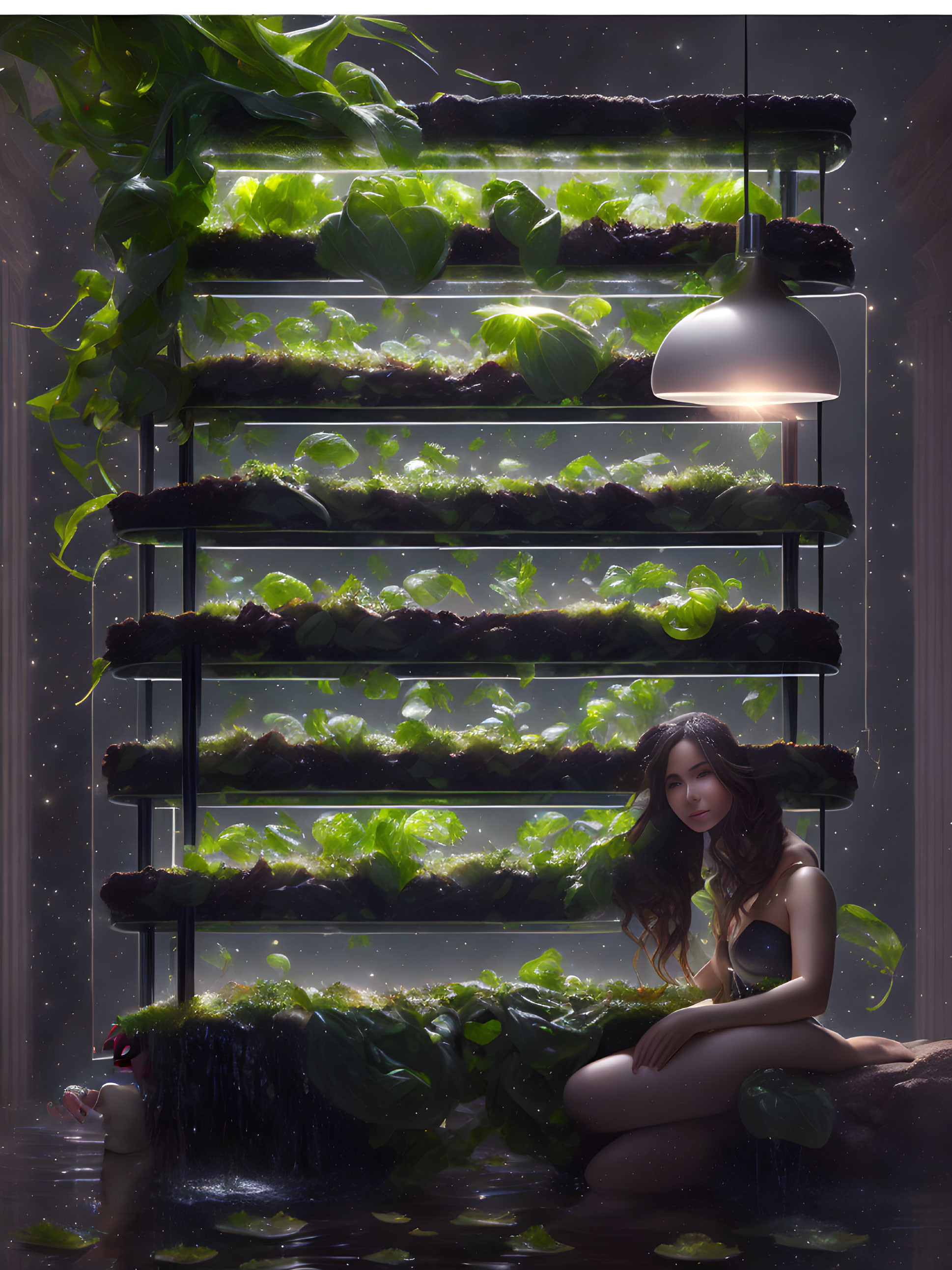 Woman sitting by glowing indoor garden with overflowing watering can at night