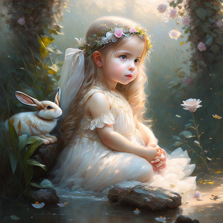 Young girl with floral crown and rabbit in enchanting woodland setting.