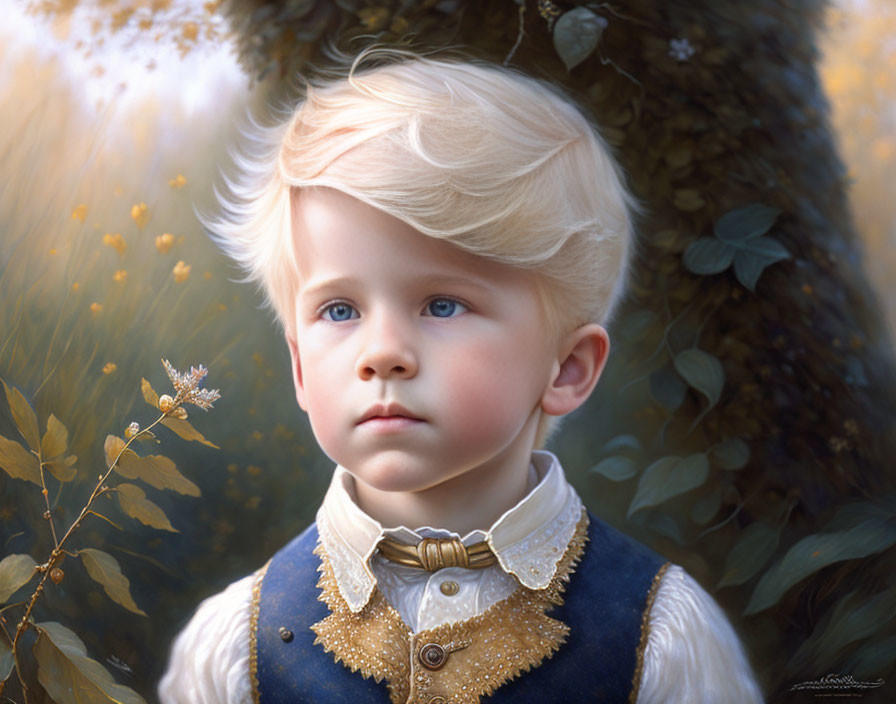 Blonde Child in Blue and Gold Vintage Attire in Dreamy Natural Setting