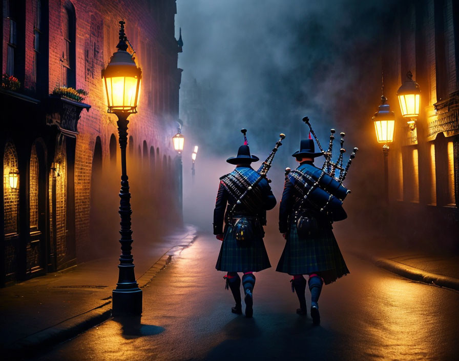 Traditional Tartan Kilt Bagpipers in Misty Dusk Street