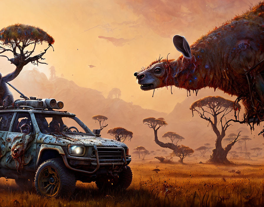 Surreal landscape with otherworldly creature, weathered vehicle, orange trees, dusky sky