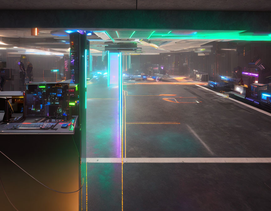 Futuristic interior with neon lights and digital displays