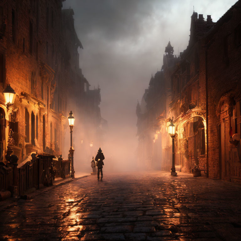 Person walking on misty cobblestone street at twilight