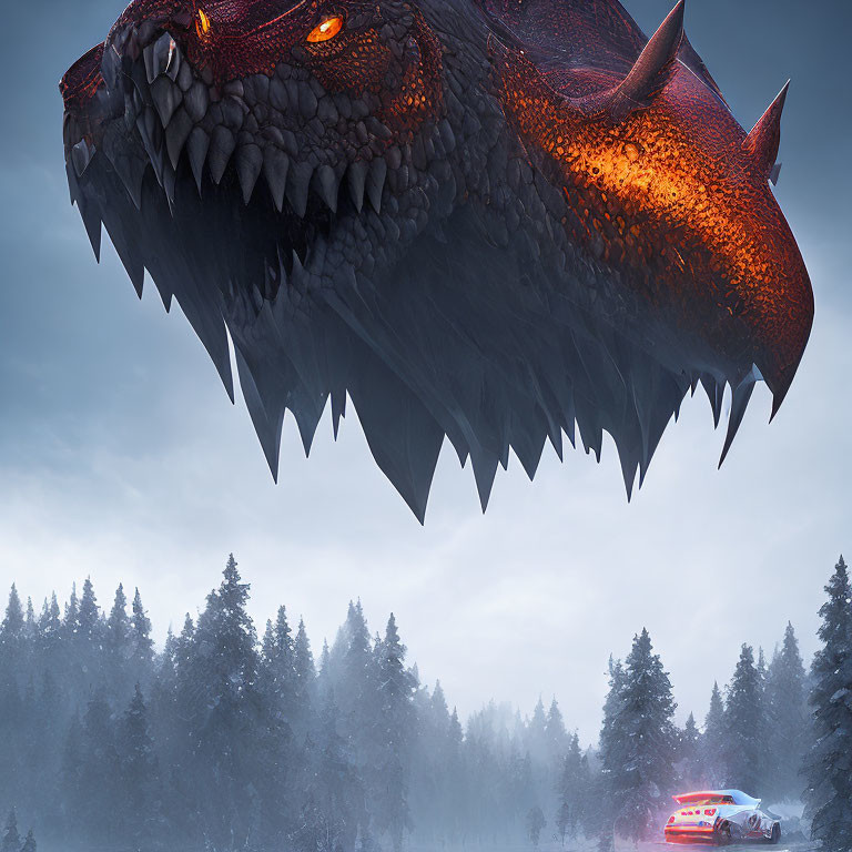 Enormous red dragon overlooking snowy forest and red car