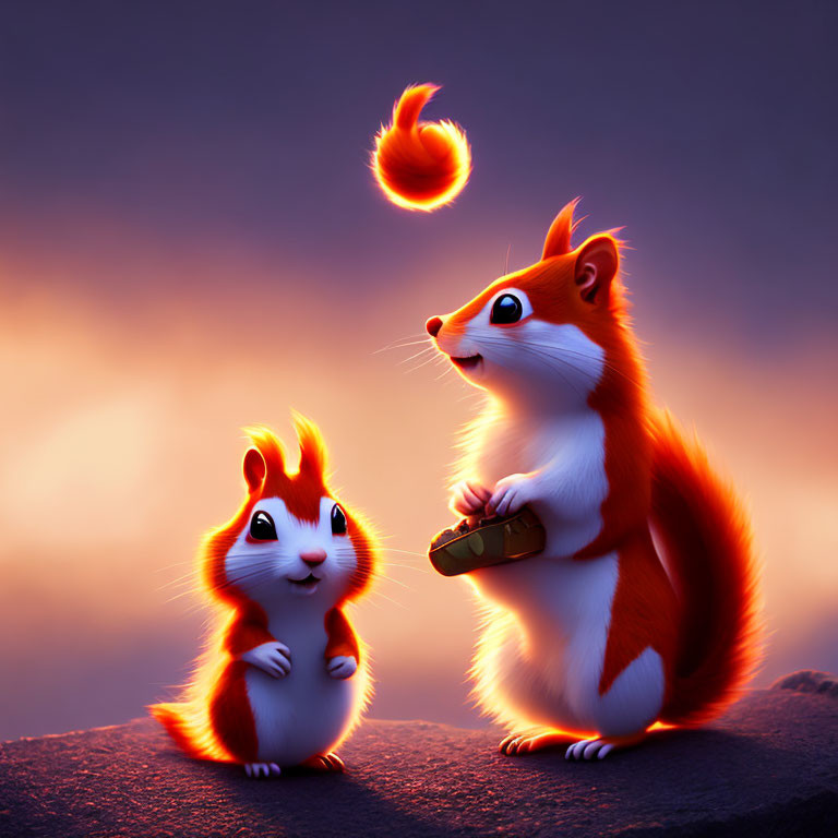 Two animated squirrels with vibrant fur under a warm, dusky sky