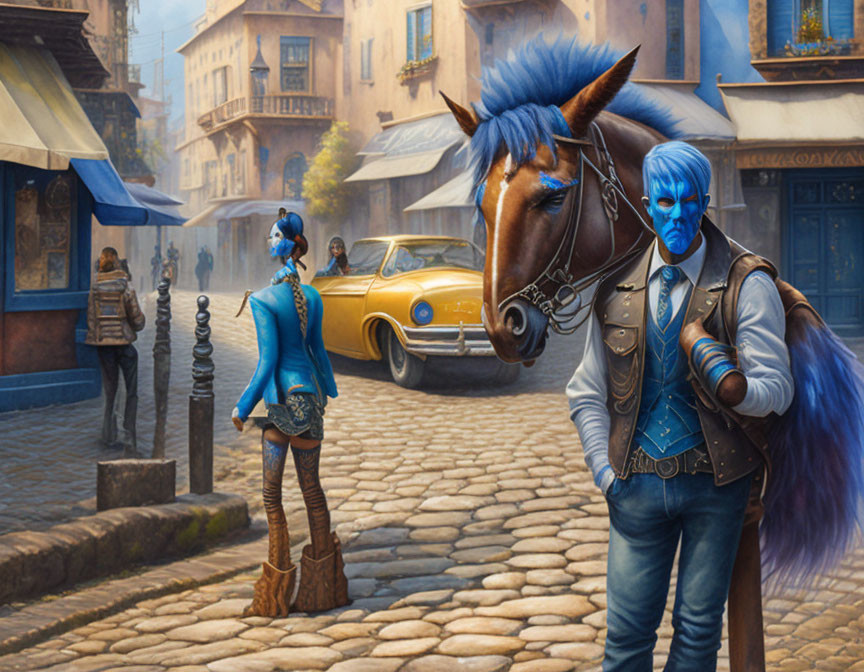 Digital Art: Humanoid Figures with Horse Heads in Urban Street Scene