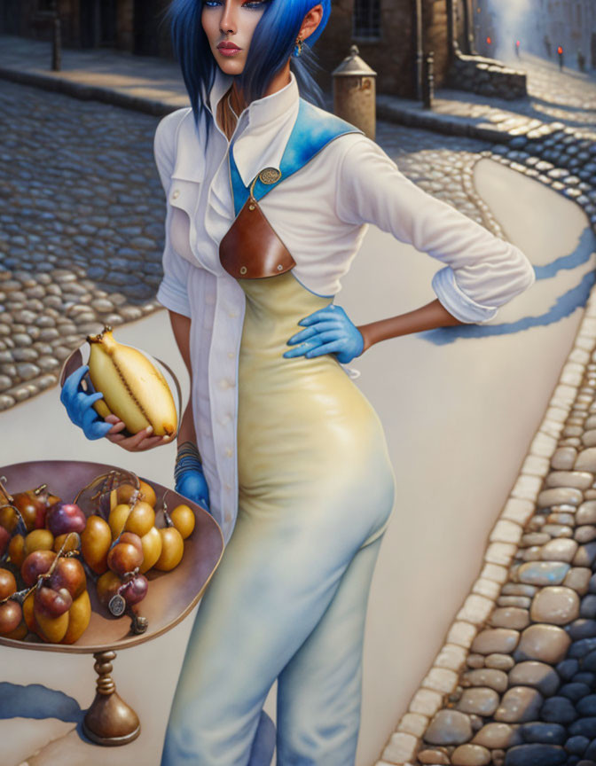 Blue-Haired Female Character in Historical Clothing with Fruit Bowl on Cobblestone Street