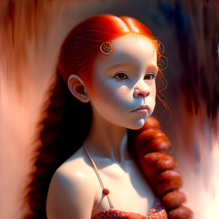 Digital artwork: Young girl with red hair, intricate braid, orange hair accessory, fair skin,