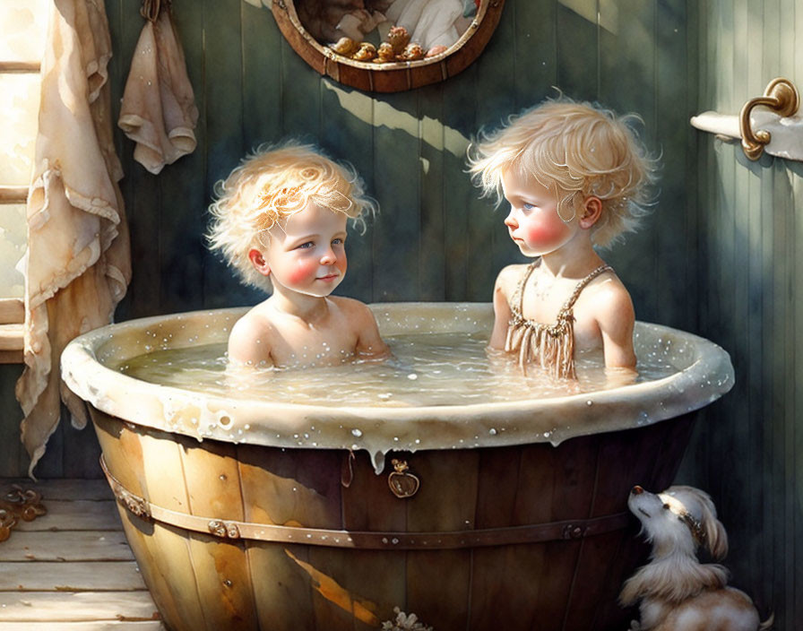 Children and puppy in vintage wooden tub bath scene