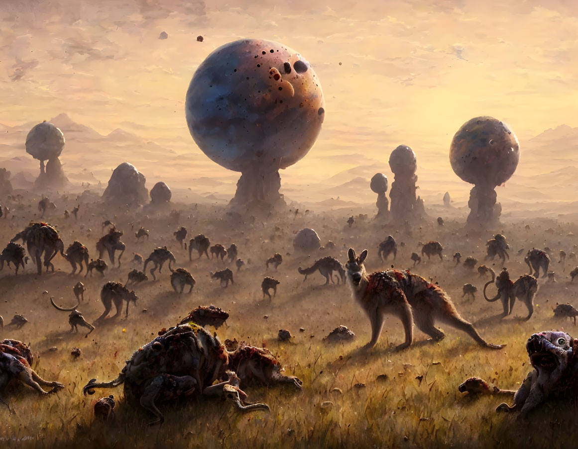 Surreal landscape with floating rocky spheres and alien creatures