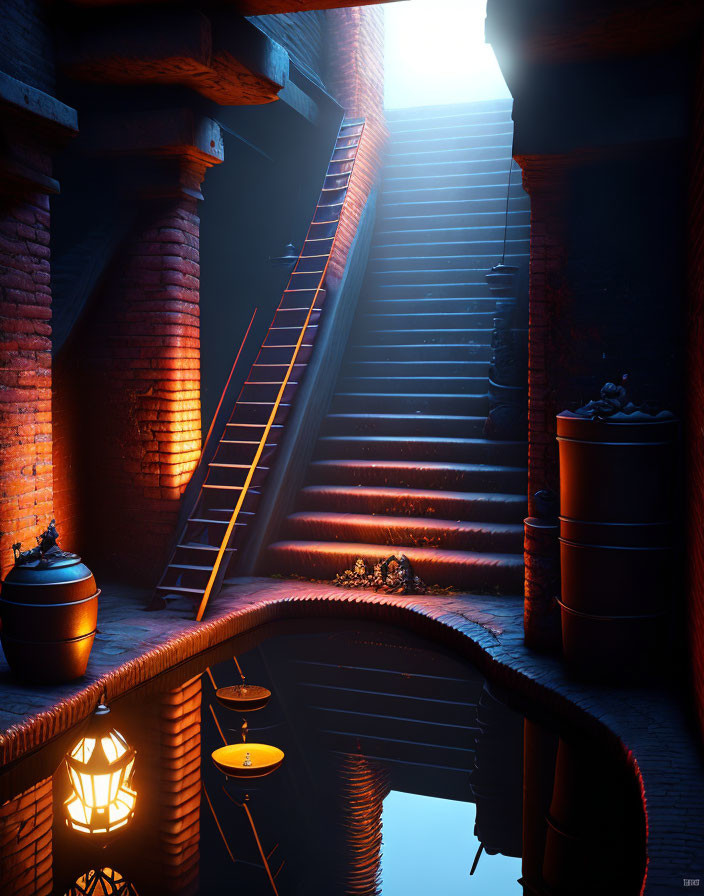 Mystical Cellar with Brick Arches, Reflecting Water, Staircase, Lantern,