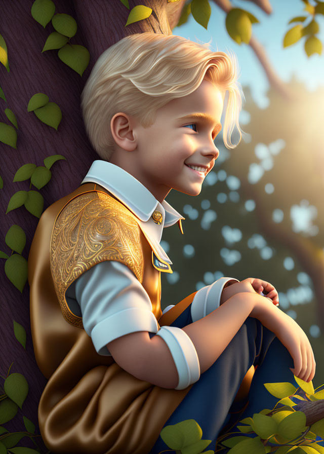 Blond boy in prince costume under golden sunlight by tree