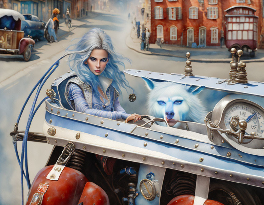 Blue-haired woman drives fantasy race car with wolf motif in futuristic setting