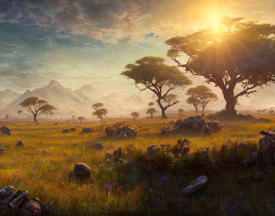 Serene savanna landscape at sunrise with acacia trees and distant mountains