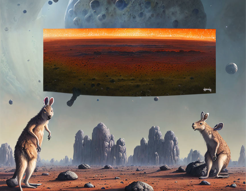 Surreal alien landscape with kangaroos and floating window depicting Mars-like scene