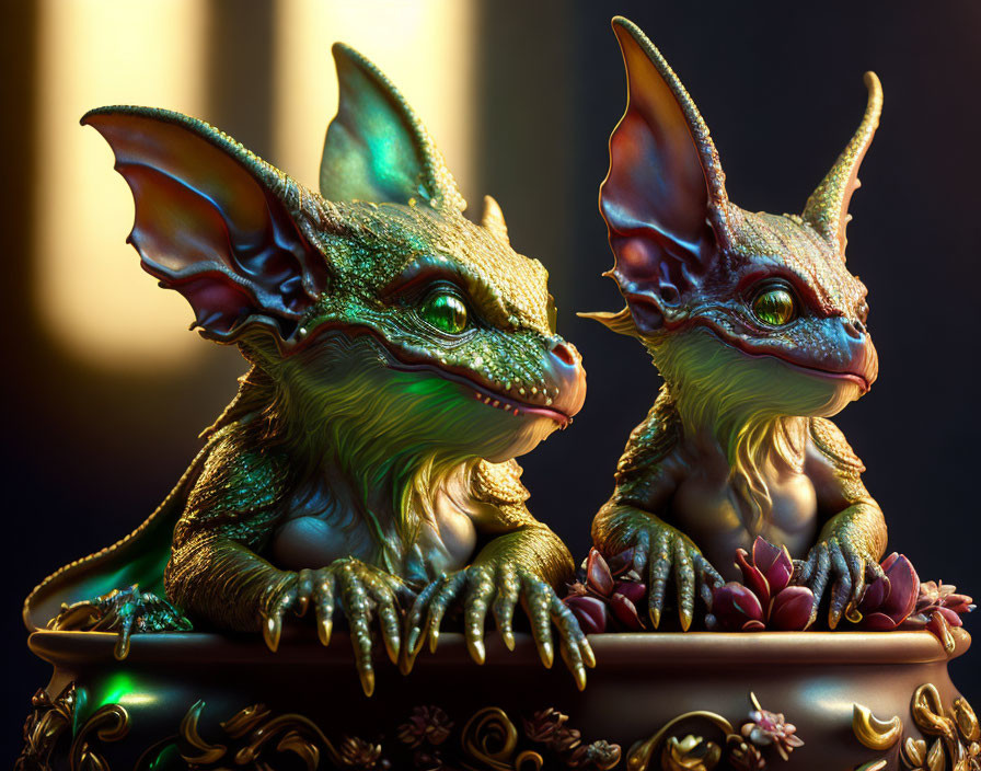 Fantastical dragon-like creatures with large ears and scales in elegant setting