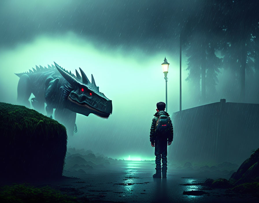 Child and dinosaur under streetlamp on rainy night with green light.