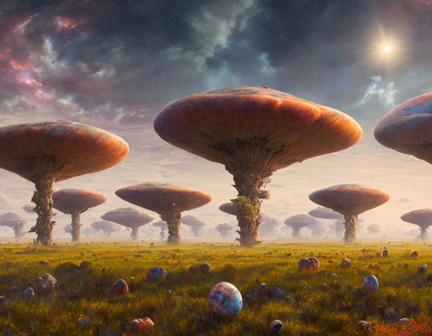 Surreal landscape with giant mushroom structures under starry sky