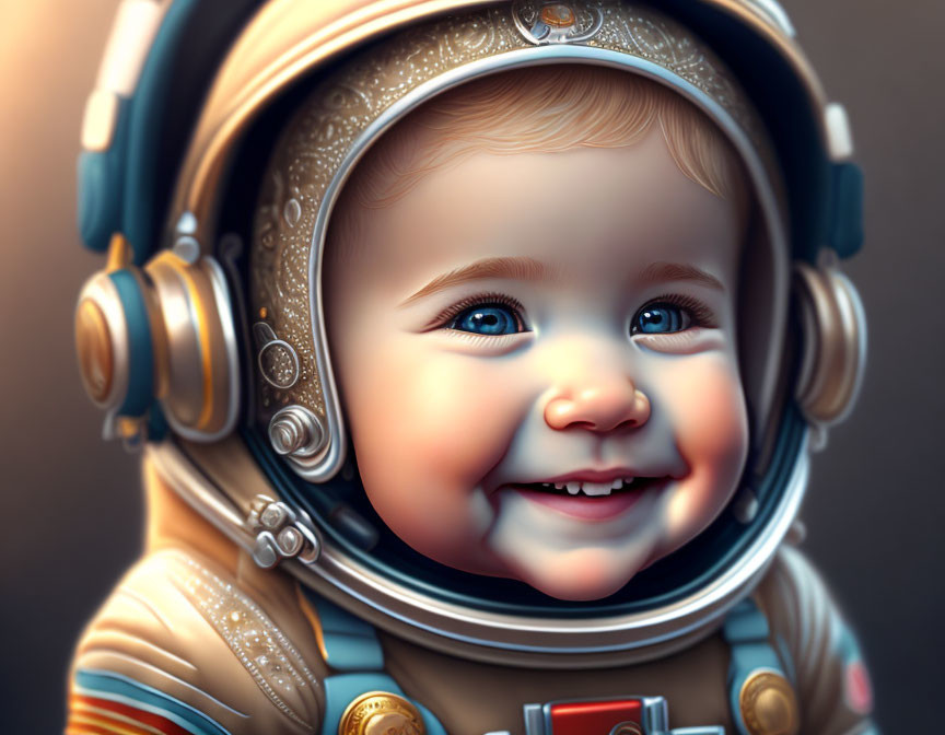 Smiling baby in detailed astronaut helmet and suit with glowing face