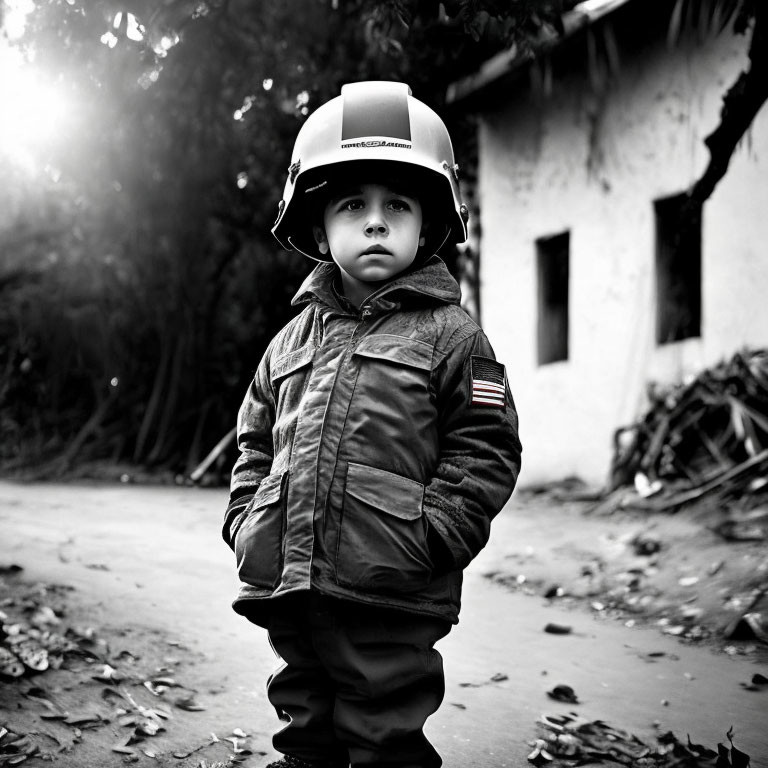 Child in oversized firefighter helmet and American flag jacket in rustic background.