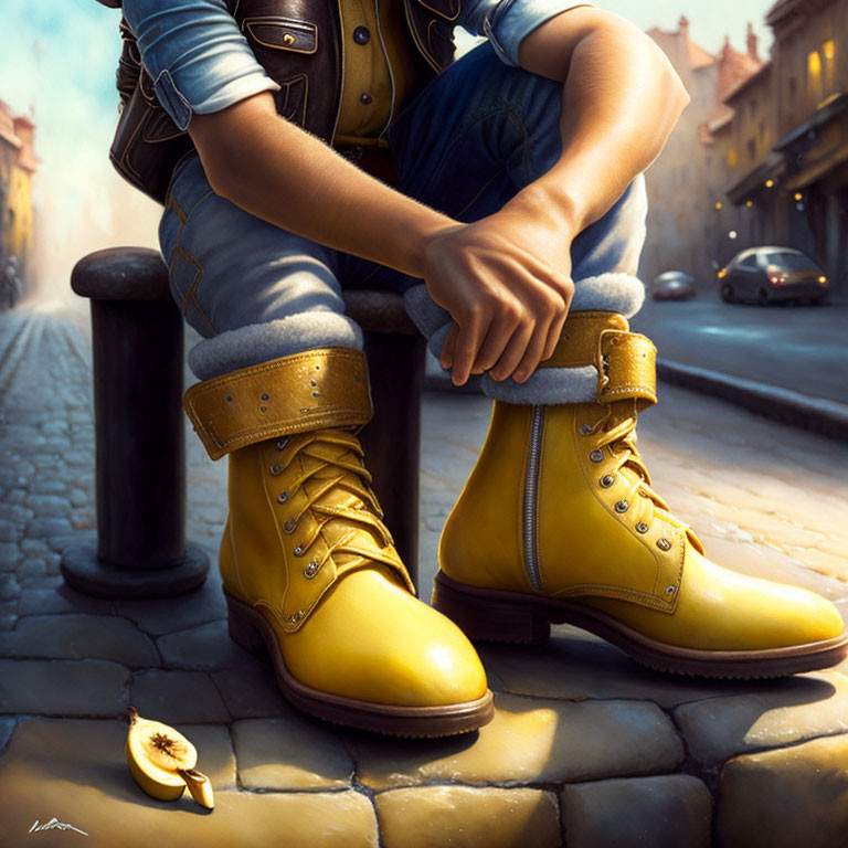 Person in Yellow Boots with Banana on Street Scene