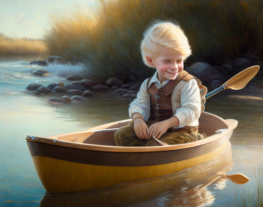 Blonde Child Rowing Wooden Boat Near Reeds in Golden Light