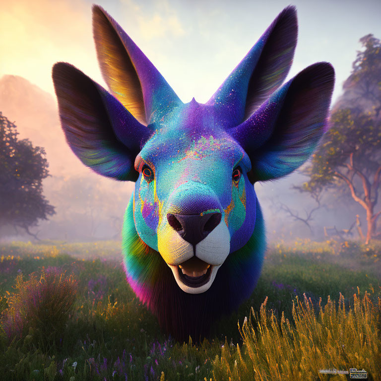 Colorful Kangaroo Head Artwork Against Misty Meadow Background