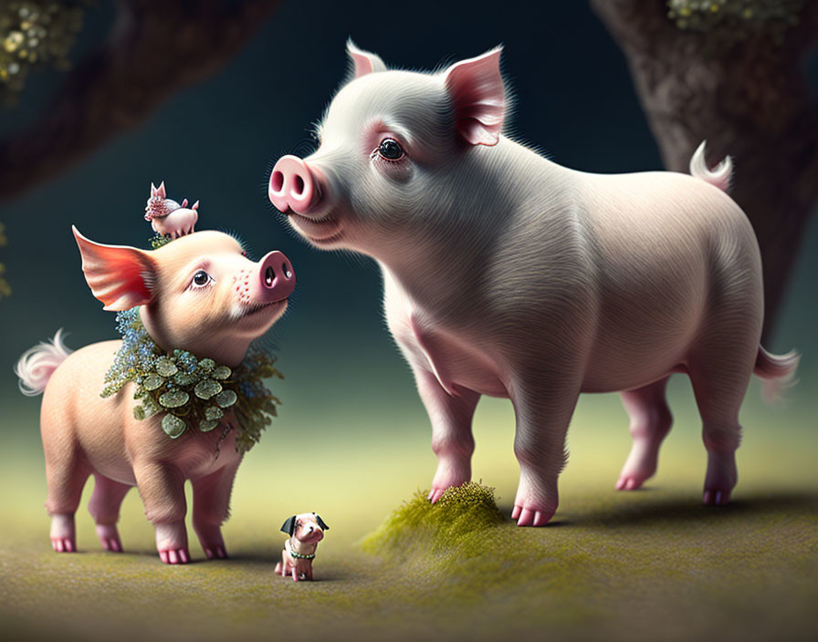 Stylized anthropomorphic pigs with floral accessories under trees