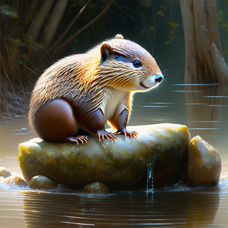 Beaver on Rock Surrounded by Water and Sunlight