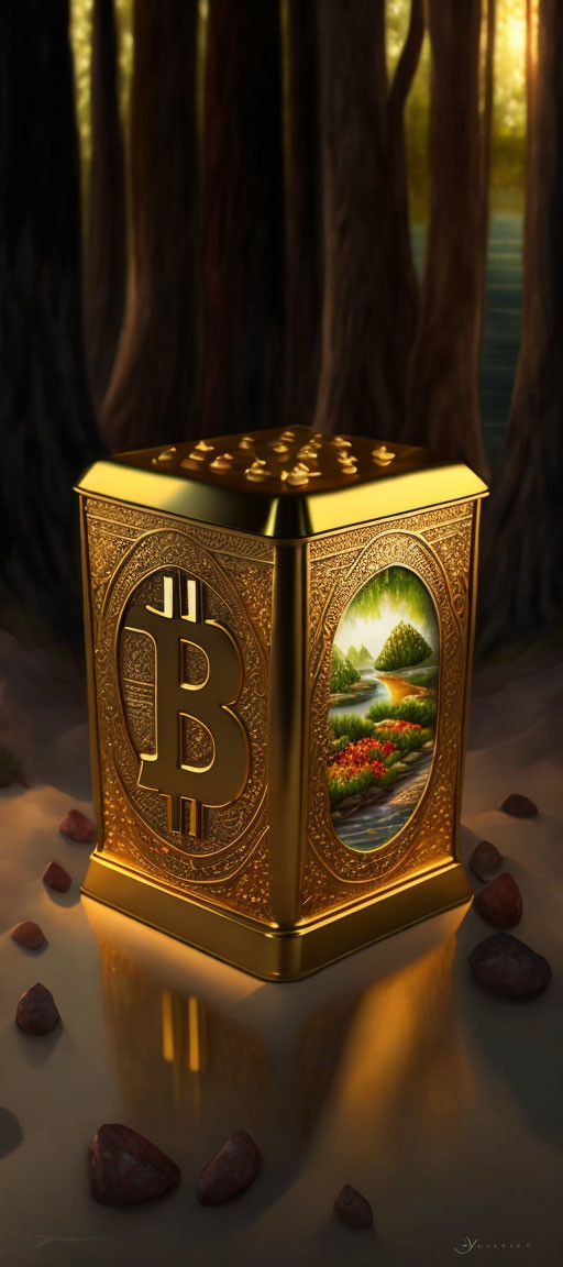 Golden Bitcoin Symbol Cube with Pastoral Landscape Art in Forest Setting