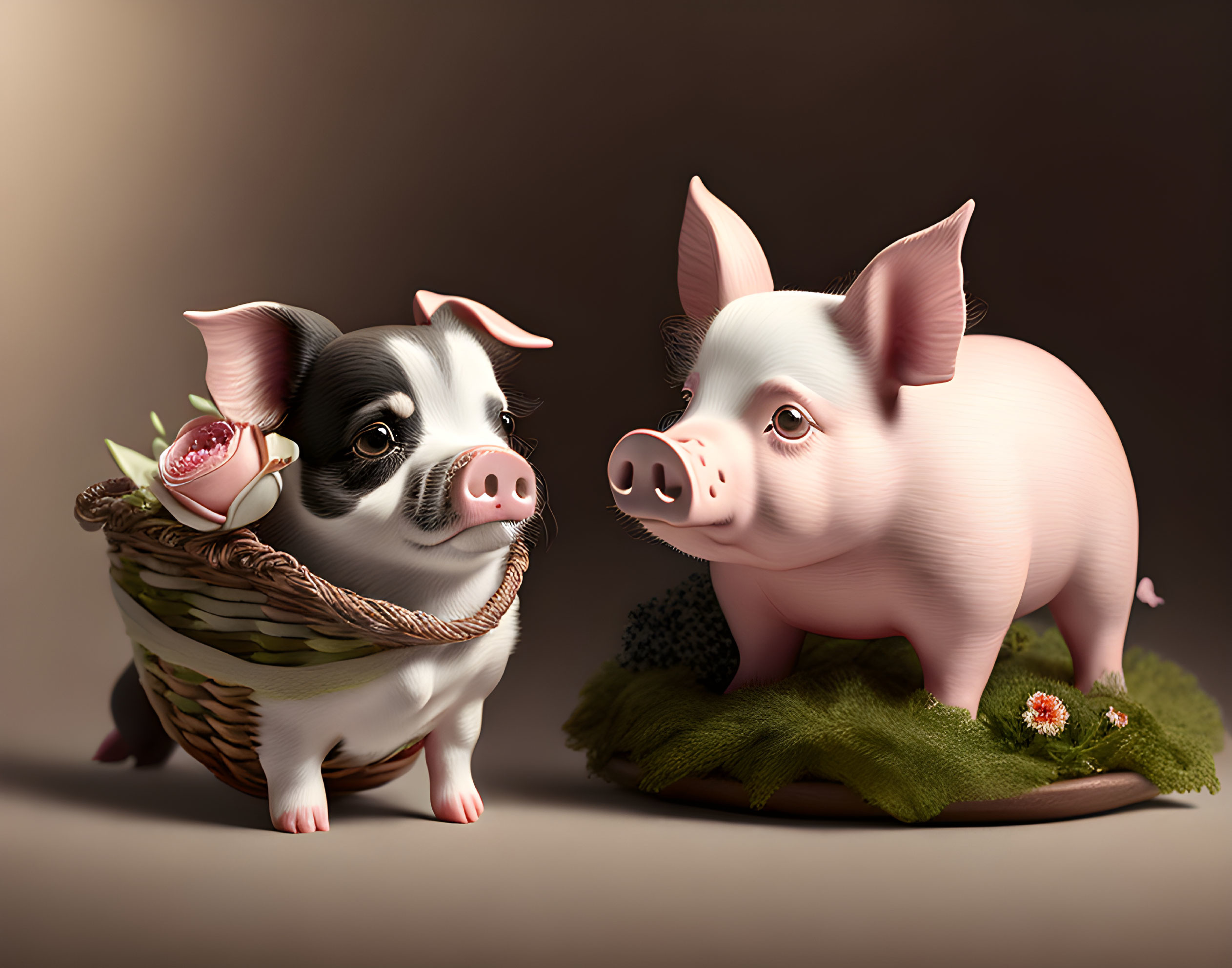 Cartoon pigs in whimsical, realistic style with flowers, fruits, and mushroom.