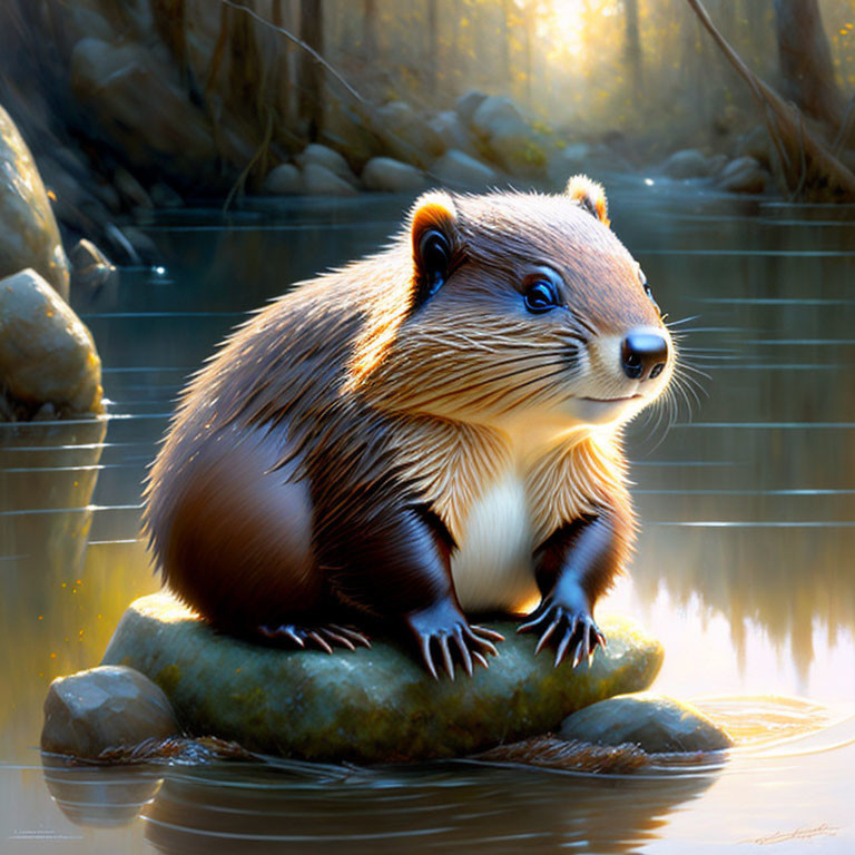 Illustrated Beaver Relaxing on Rock in Sunlit Stream