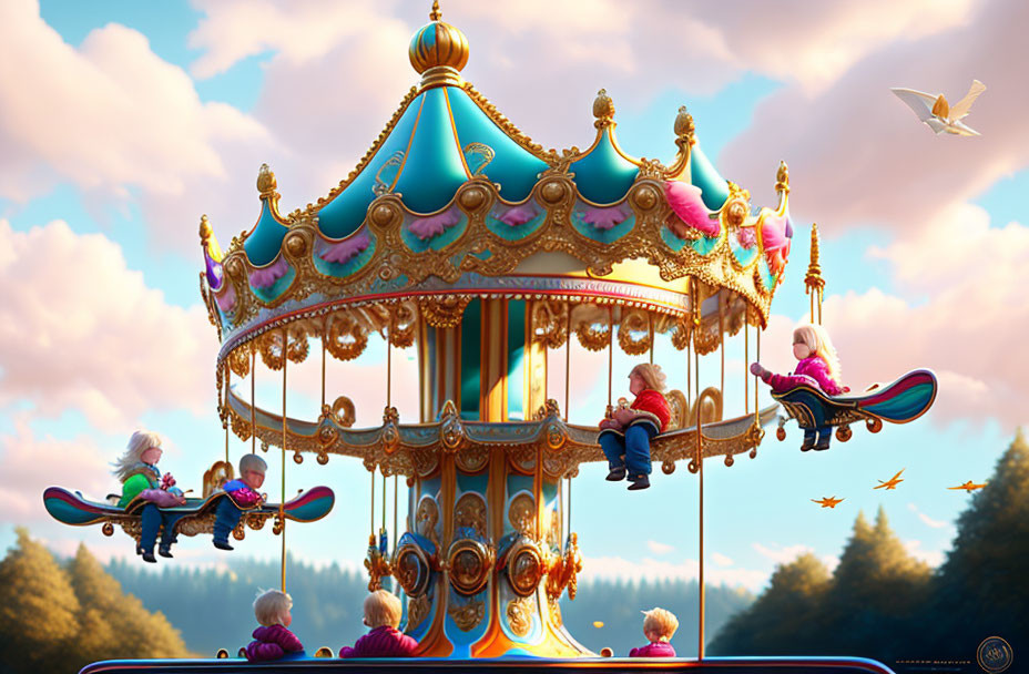 Vibrant colored whimsical carousel in serene sky with children on magical ride