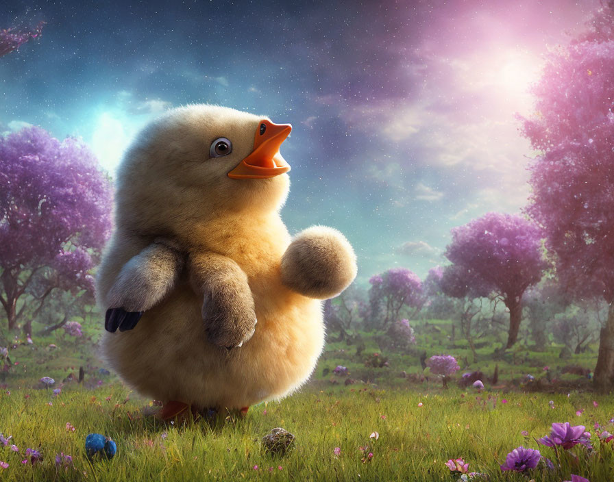 Oversized fluffy chick with backpack in mystical meadow