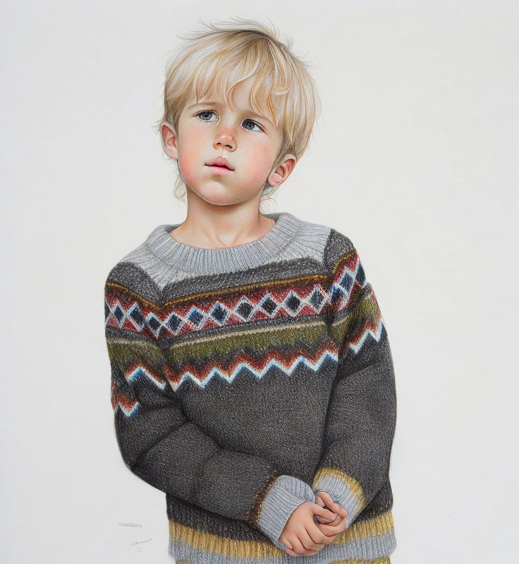 Blond-Haired Child in Grey Sweater on White Background