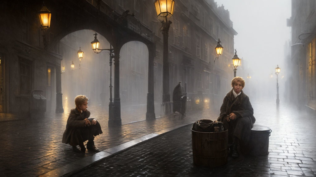 Children on foggy cobblestone street at dusk with old-fashioned street lamps and buildings