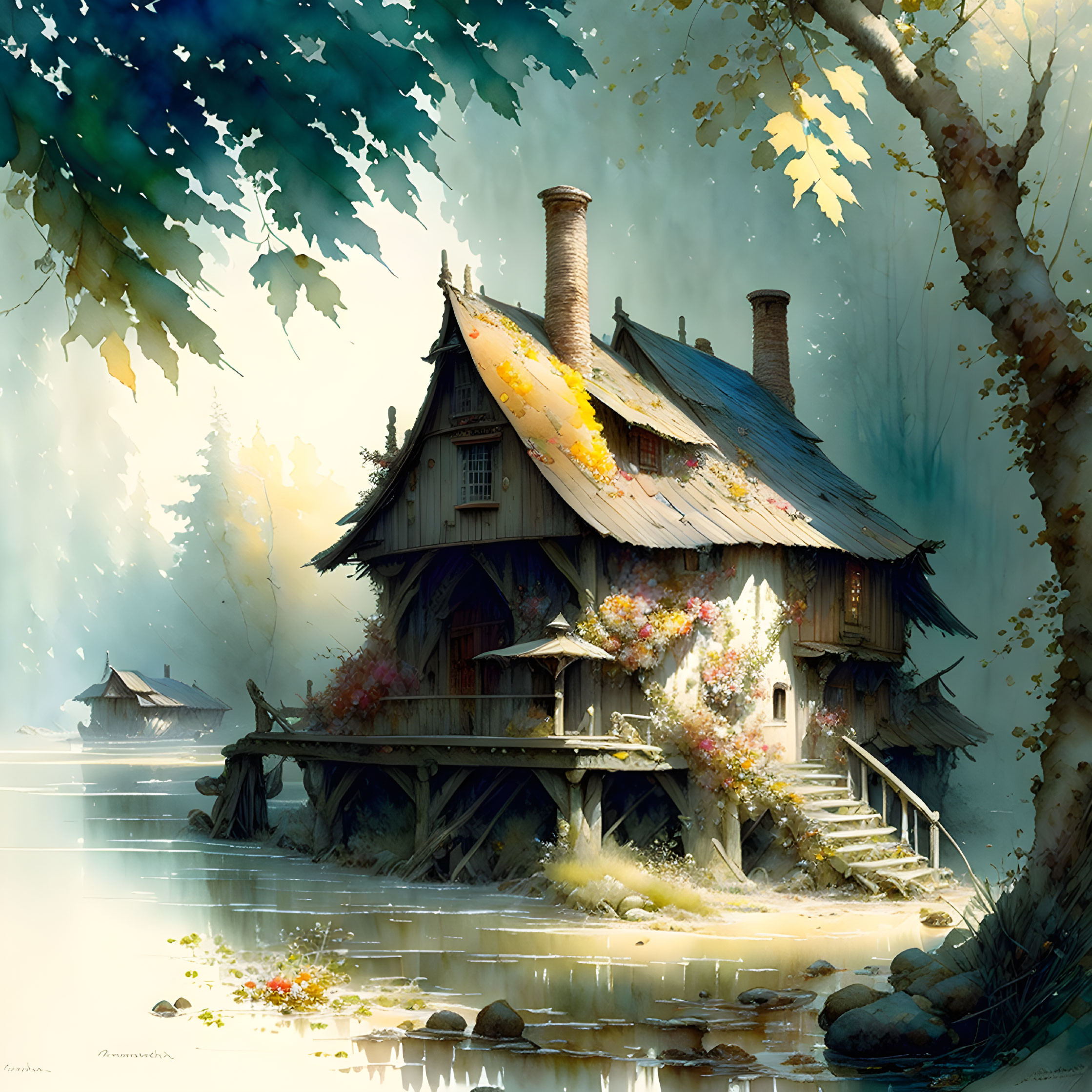 Tranquil Lakeside Cottage in Autumn Setting