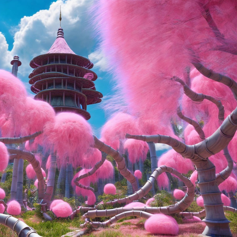 Fantastical landscape with multi-tiered pagoda and pink trees under blue sky