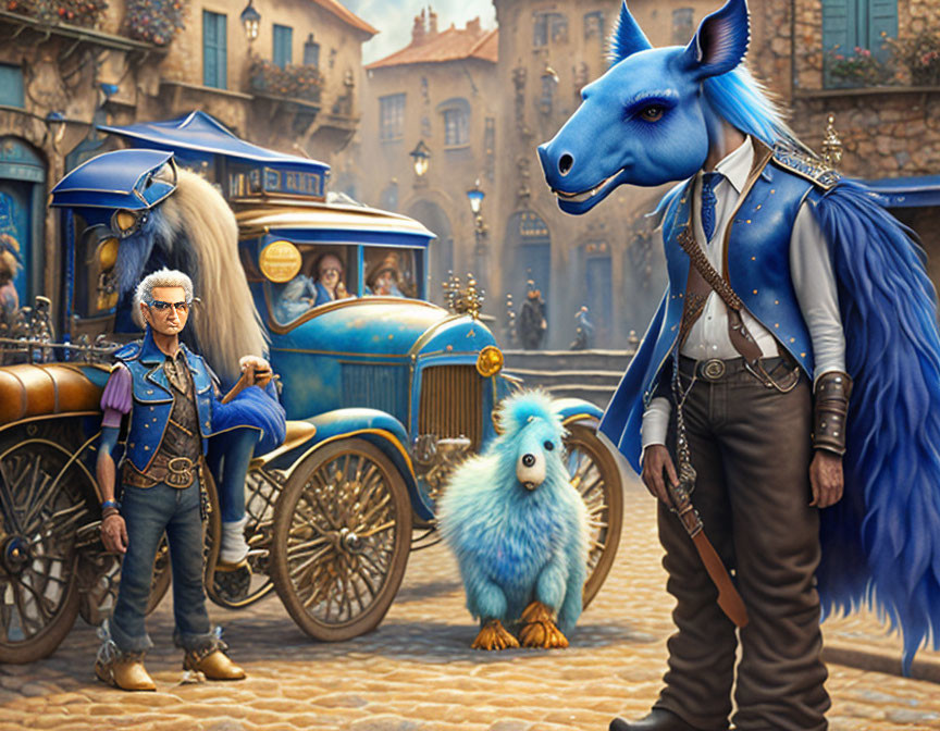 Blue horse-like creature, small fluffy companion, person with silver hair in vintage cityscape with old car